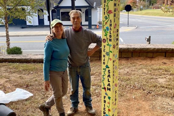 Jerry and Suzie O’Dell (pictured) and Joe Shaver coordinated the creation and installation of a peace pole on Tabor’s grounds. Painted by congregation and community members, the art includes the word peace in 33 languages.